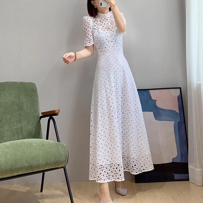 White Cotton Lace Embroidery Short Sleeve Long Dress UK6-UK16 Elegant  UK Fashion