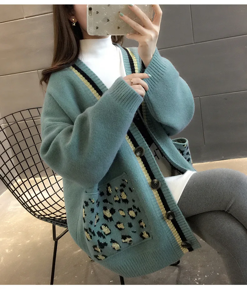 

Women V Neck Cardigan Autumn Winter Long Knitted Loose Sweaters with Pockets Oversize Pull Femme Warm Jackets