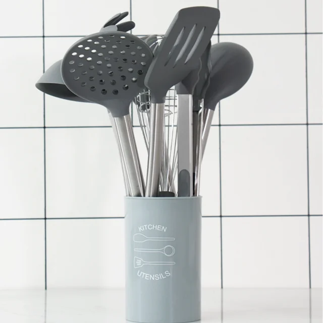 9pcs kitchen set Набор для кухни 8 шт. ручка из нержавеющей стали+ кухонные принадлежности из силикона кухонный набор для дома Инструменты антипригарный шпатель набор приборов Черный и светло-серый - Цвет: 9pcs kitchen set