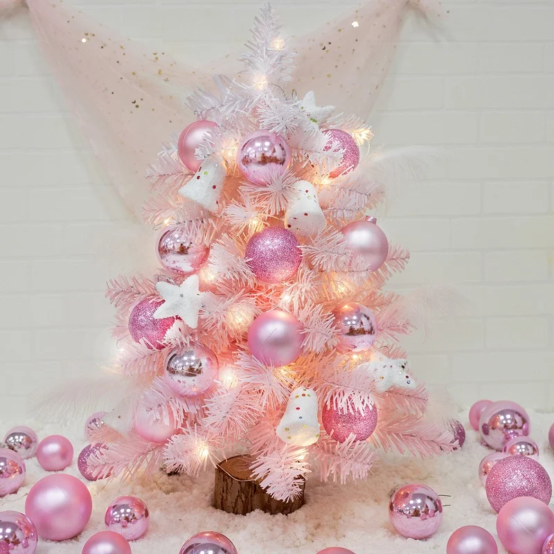 Mini Christmas tree wooden 45cm pink Christmas tree package 12pcs 5cm pink ball 12pcs foam star 4 feathers 1 3-meter wire lamp