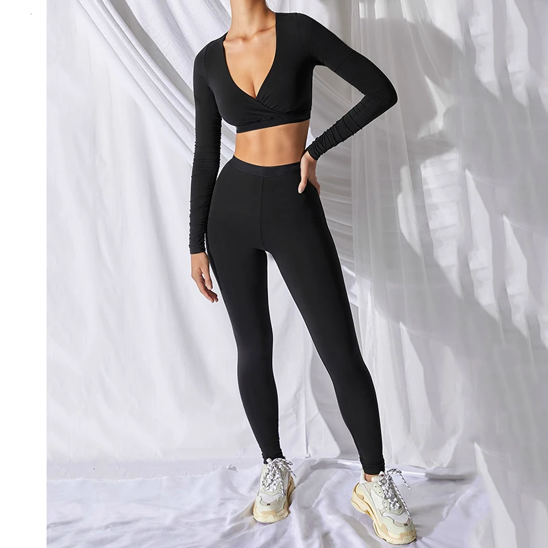 

Autumn Women Black Two Pieces Set Fitness V Neck Crop Top Elastic High Waist Pants Suit Outfit Tracksuit Sporty Active Wear