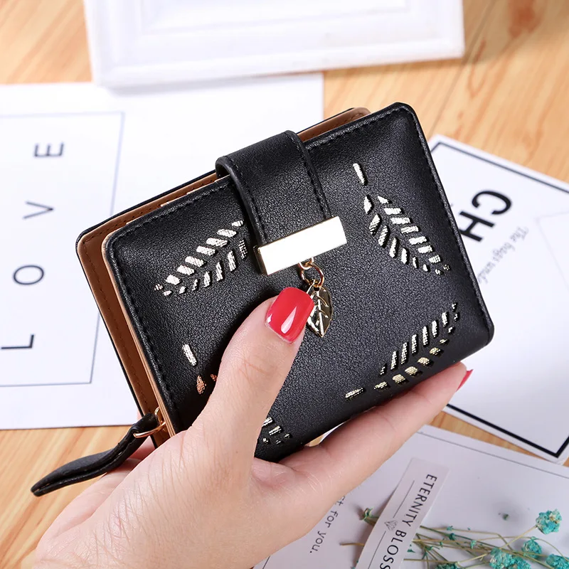 Женский кошелек, модный кошелек, женские короткие кошельки, пустотелая сумка с изображением листа, Сумочка для женщин, монета из искусственной кожи, кошельки, держатель для карт Carteira