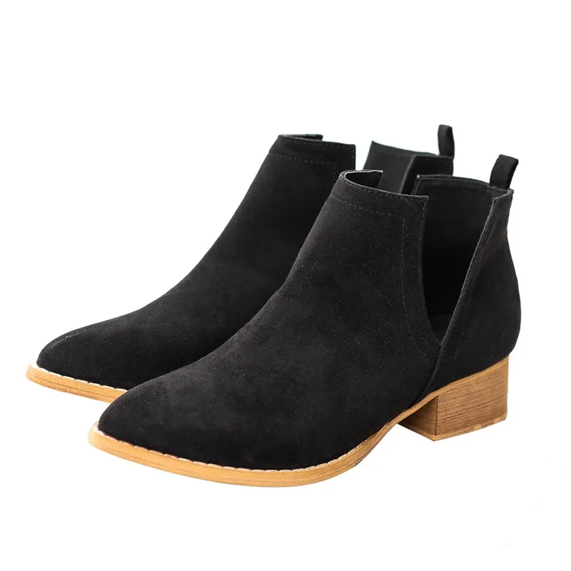 Slip On Women Ankle Boots Pointed Toe PU Leather Low Heels Shoes Woman Booties Sexy High Heels Size 35-43