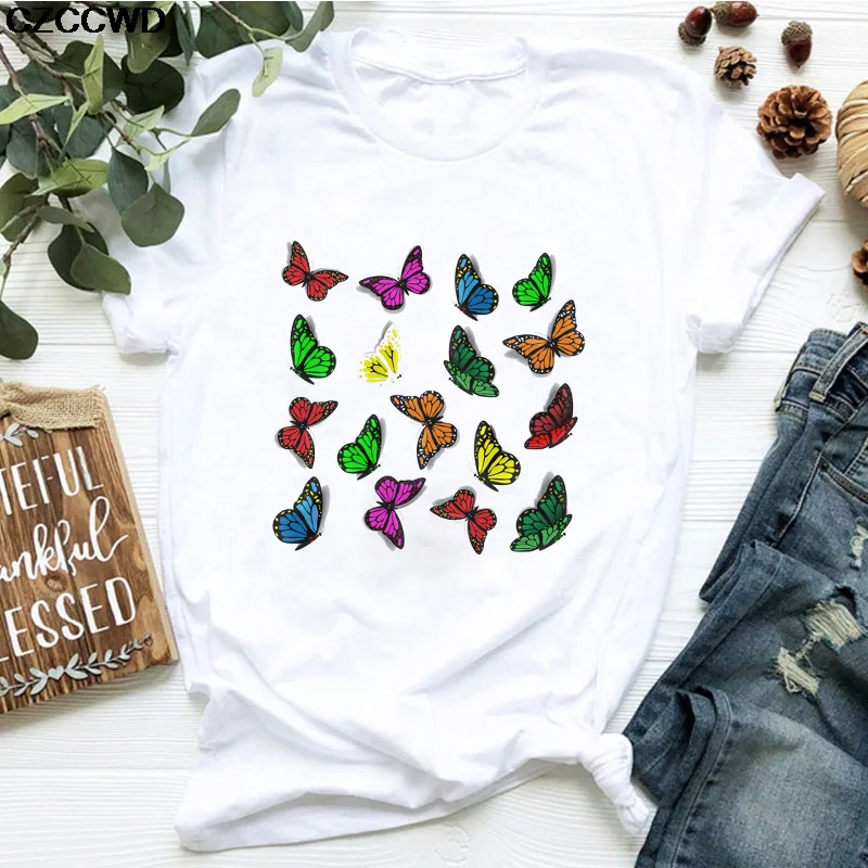 

Large Size Women's Summer Fashion Beautiful Butterfly Printed T-shirt Loose Casual Harajuku Street Short-sleeved T-shirt Top