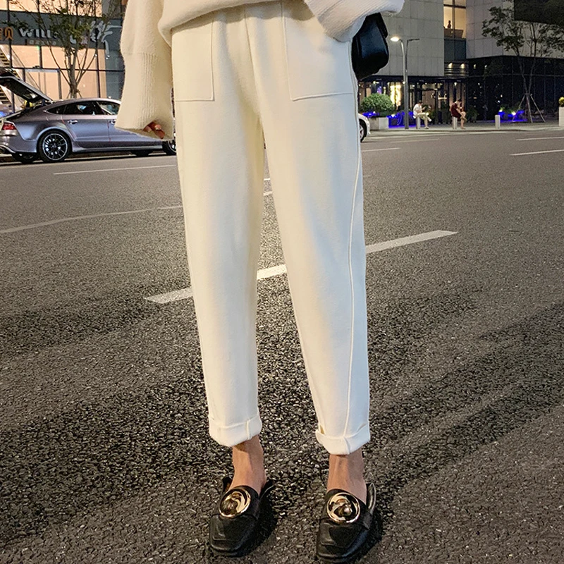 Осенне зимние вязаные женские шаровары HLBCBG эластичные штаны с высокой талией и