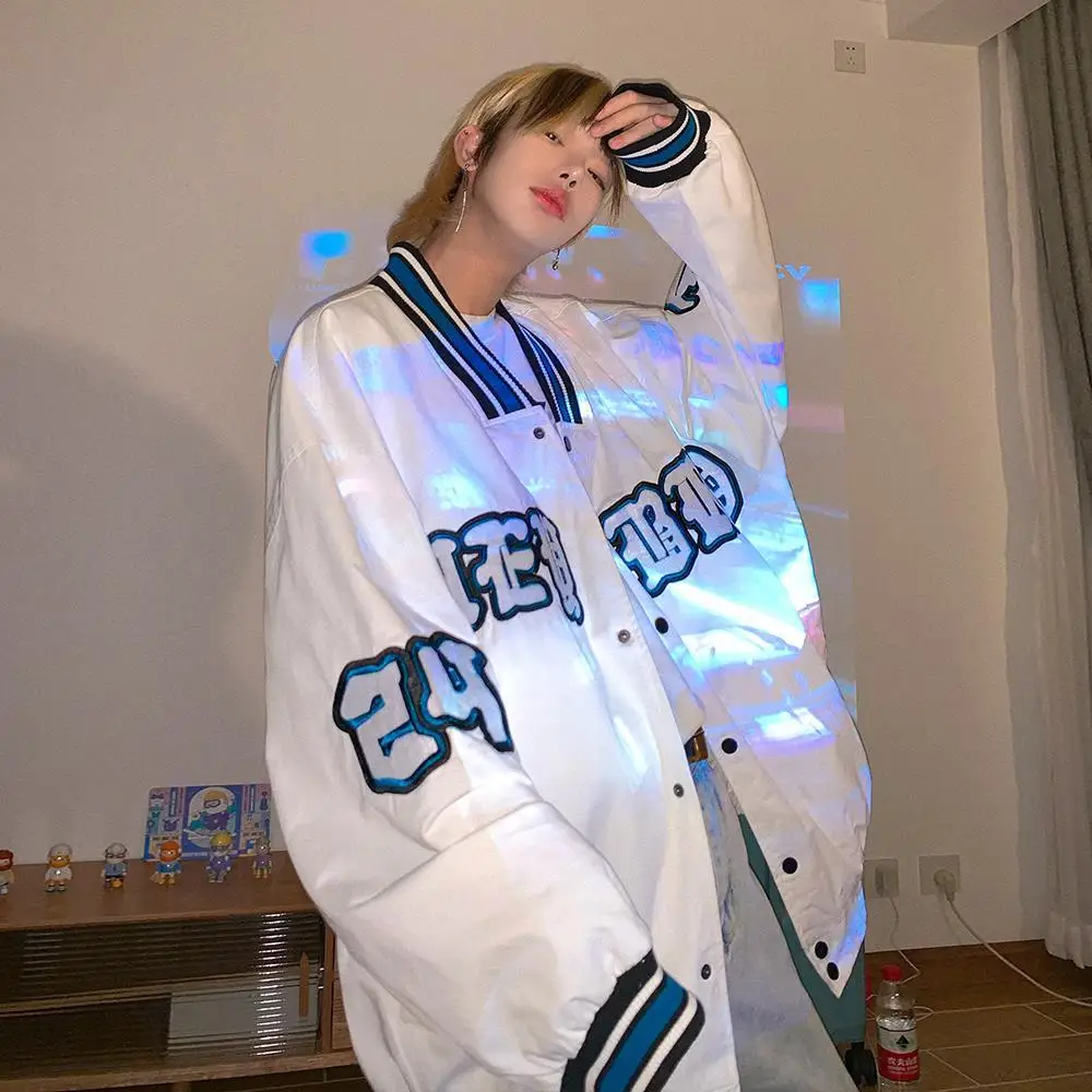 

White baseball uniform jacket women 2021 new Korean version of the trend of loose letters embroidered jacket