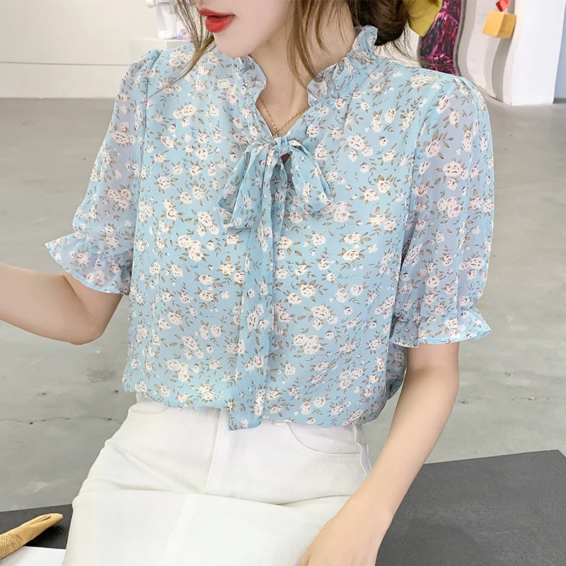 

Floral Summer Puff Sleeve Women Blouse Chic Lace-up V Neck Ladies Blouses Fashion Ruffle Printed Female Shirt Tops