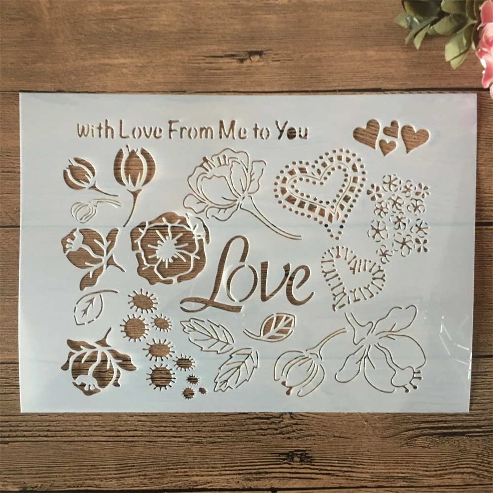 

A4 29cm Love Words Heart Flower DIY Layering Stencils Wall Painting Scrapbook Embossing Hollow Embellishment Printing Lace Ruler