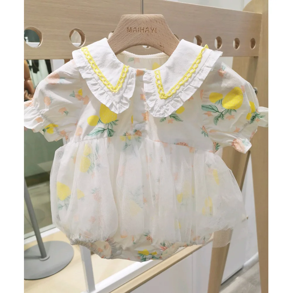 

Spring And Summer New Style Infant Newborn Baby Girl Loose Bodysuit Toddler Girls Strawberry Cartoon Pattern Mesh Jumpsuit