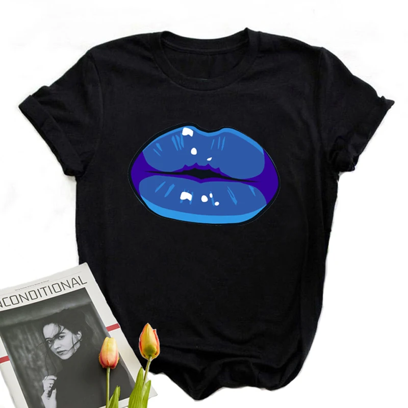 

Anime Harajuku Design T-Shirt Woman Summer 2021 Interesting Lip Graphic Printed T-Shirts For Girls Black Short Sleeve T-Shirts