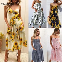 yilinhan womens summer dresses floral boho spaghetti strap button down swing midi beach dress with pockets
