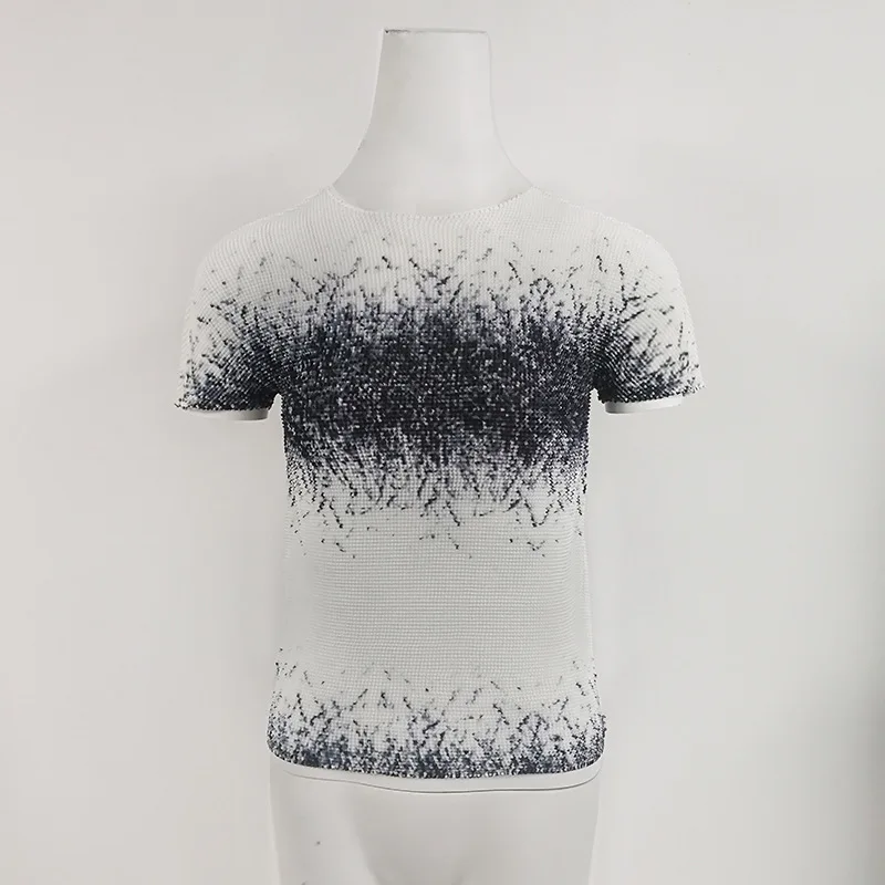 

Tops Summer For Women Plus Size 45-75kg Fashion Printed Round Neck Short Sleeved Slim Big Elastic Miyake Pleated T-Shirts Female