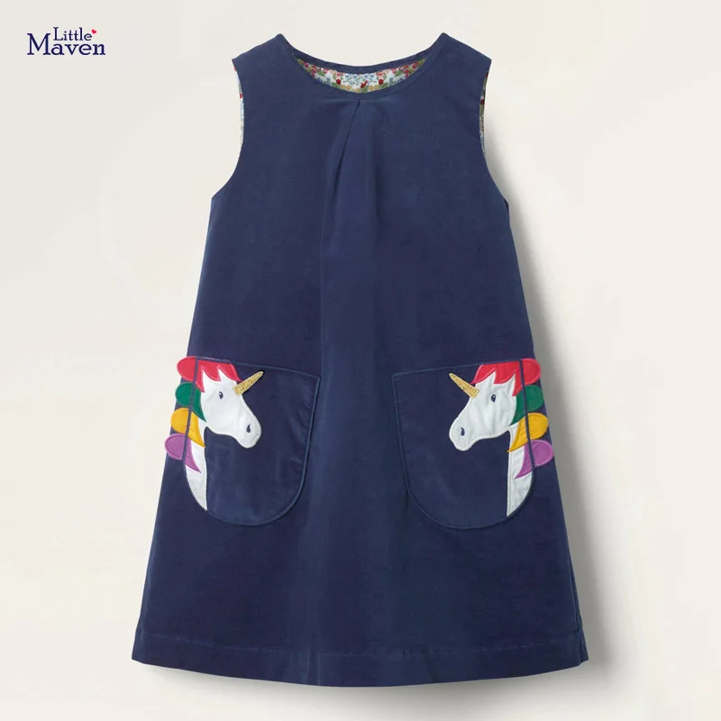 

Little Maven 2021 Summer Baby Girl Clothes Toddler Unicorn Vestiods Dress Cotton Sleeveless Pocket Sundress for Kids 2-7 Years