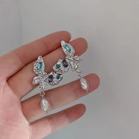 allnewme sweet cool colorful rhinestone butterfly pendant earring for women silver color metallic crystal wing drop earrings