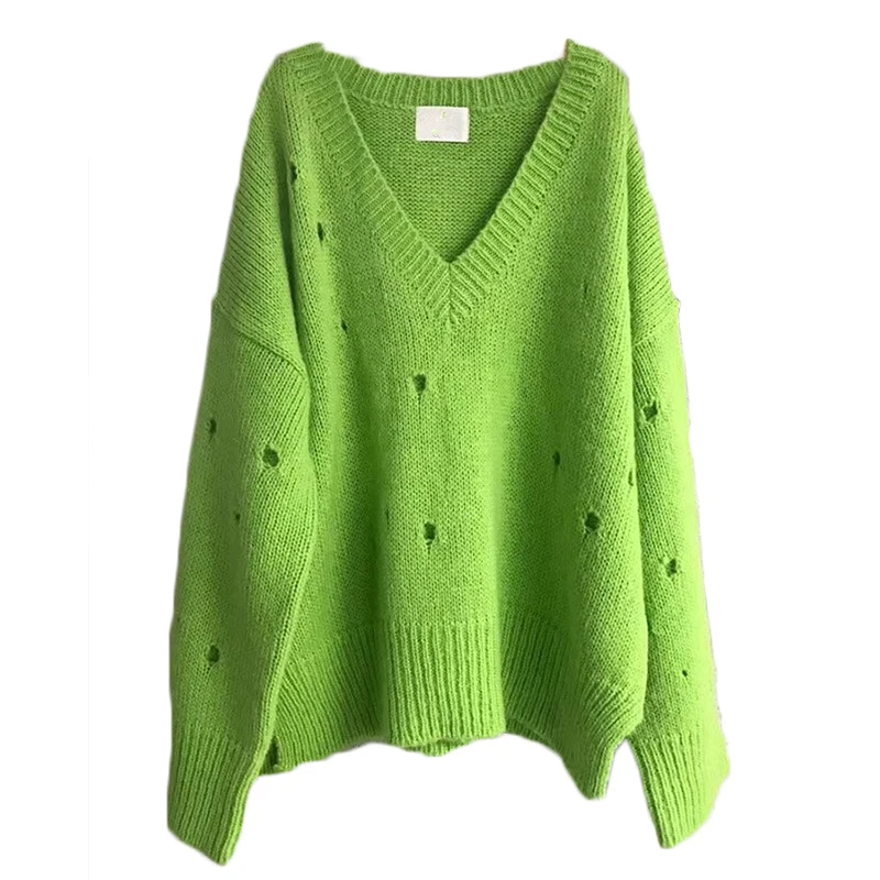 

RUGOD Koren Style V-neck Sweater Women Plus Size Loose Style Hole Pullovers Long Sleeve Casual Lady Pull Femme Hiver 2019