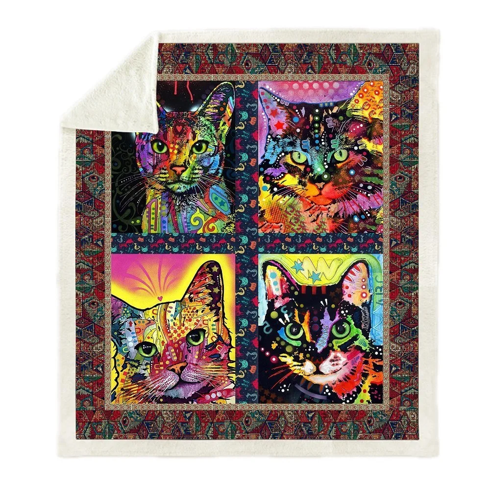 

White cute Pet Cat Print Plush Throw Blanket Sherpa Fleece Bedspread Home Blankets For Beds Camping Soft Square Blanket