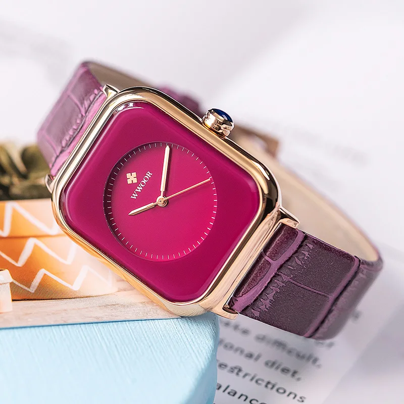 WWOOR Purple Watch For Women Quartz Rectangle Watch Luxury Ladies Dress Wristwatch Leather Casual Female Clock Relogio Feminino