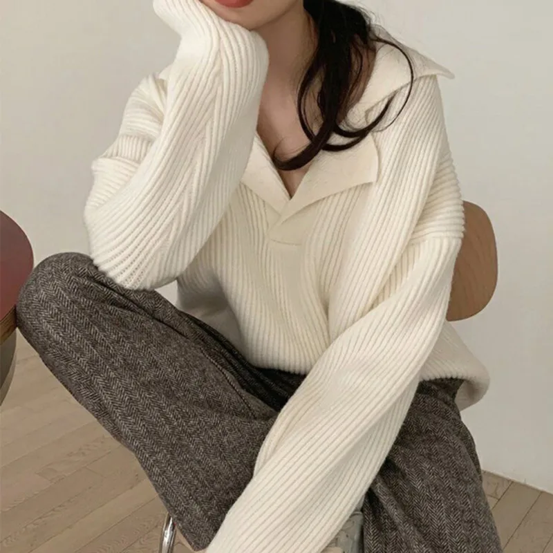 

Autumn New Women's Knitted Sweater Elegant Thick Cordless Striped Cashmere Pullover V-neck Long Sleeve Gentle Loose Harajuku