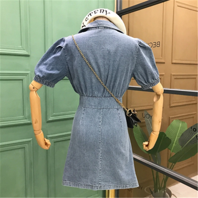 

French Vintage Women Dress Denim Slim Folds A-Line Summer Shirt Dress High Waist Preppy Style Party Club Casual Female Dress