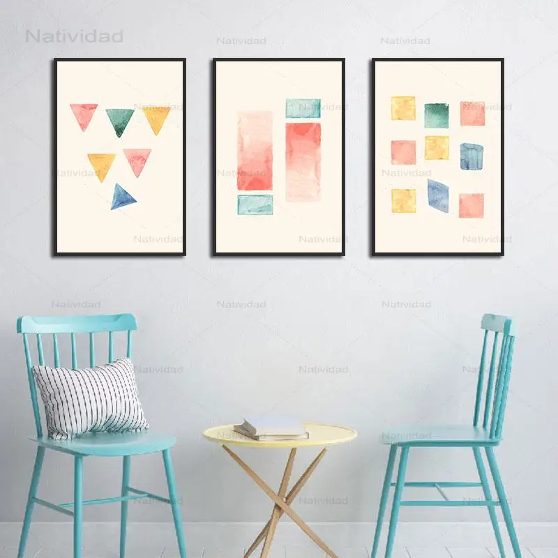 Абстрактная Картина на холсте квадраты прямоугольные и треугольники разных форм