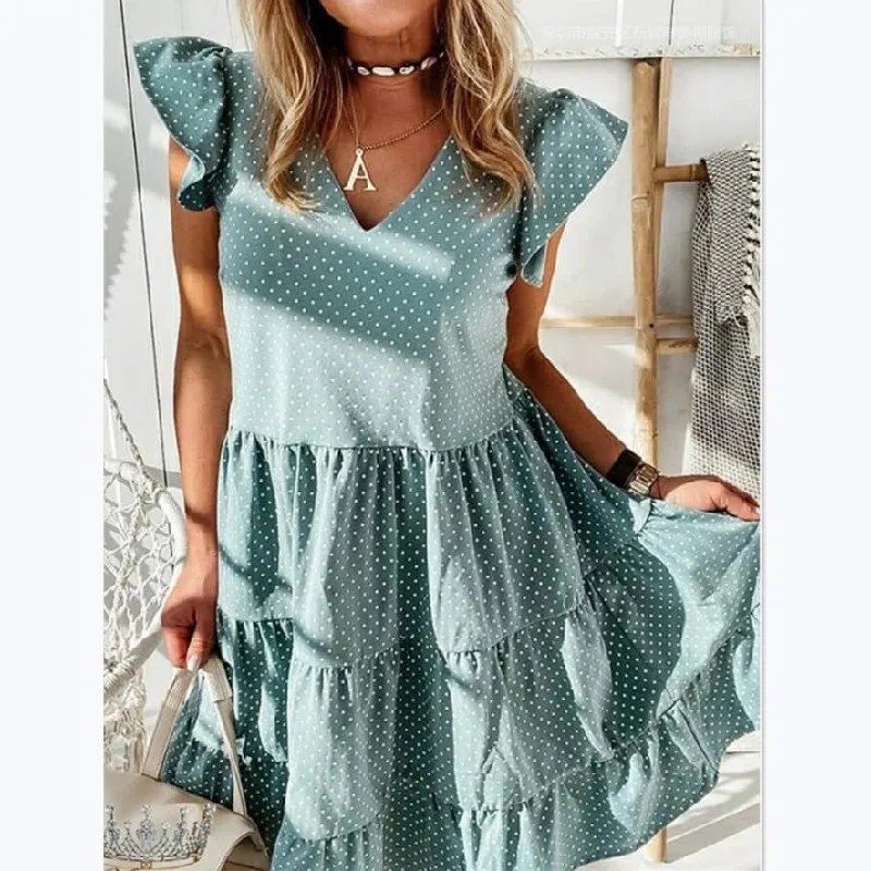 

Summer Casual Women Dot Midi Dress 2020 Fashion Elegant V-neck Butterfly Sleeves Ruffles Dress