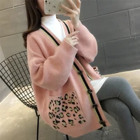 v neck women cardigan leopard print pocket loose knit woman sweater pink jacket spring and autumn