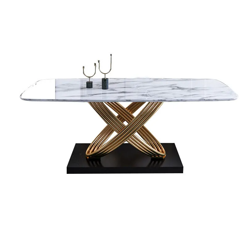 

Modern Simple and Creative Light Stainless Steel Marble Dining Tables Golden Dining Table Set