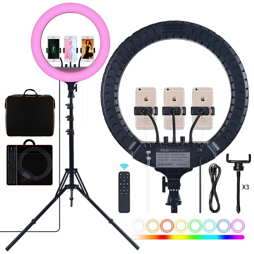 

fosoto 18 Inch RGB Professional Ring Light Photography Led Ring Lamp With Remote USB Port Tripod For Phone Youtube Makeup Tiktok