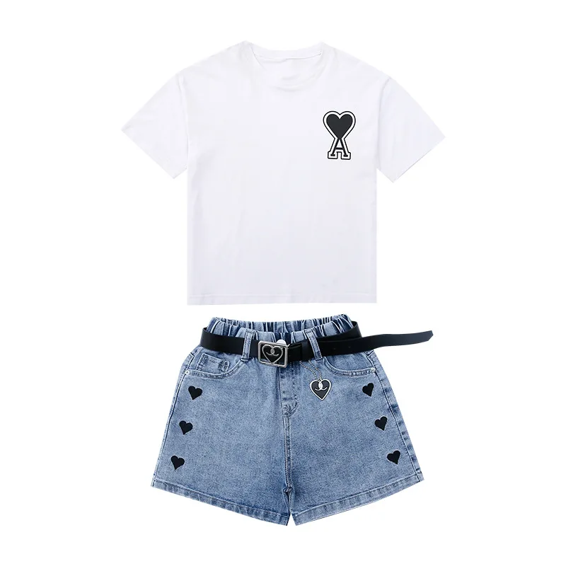 

2021 Children's Clothing Girls' New Summer T-shirt Shorts Two-Piece Love Shorts Suit Girls Boutique Outfits 7-12y 12+y