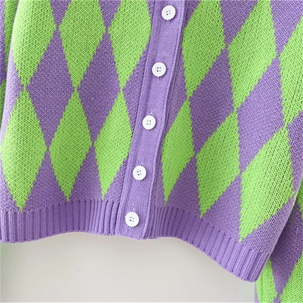 

2020 autumn women new celebrity style retro lazy round neck long-sleeved loose contrast diamond cardigan knitted sweater