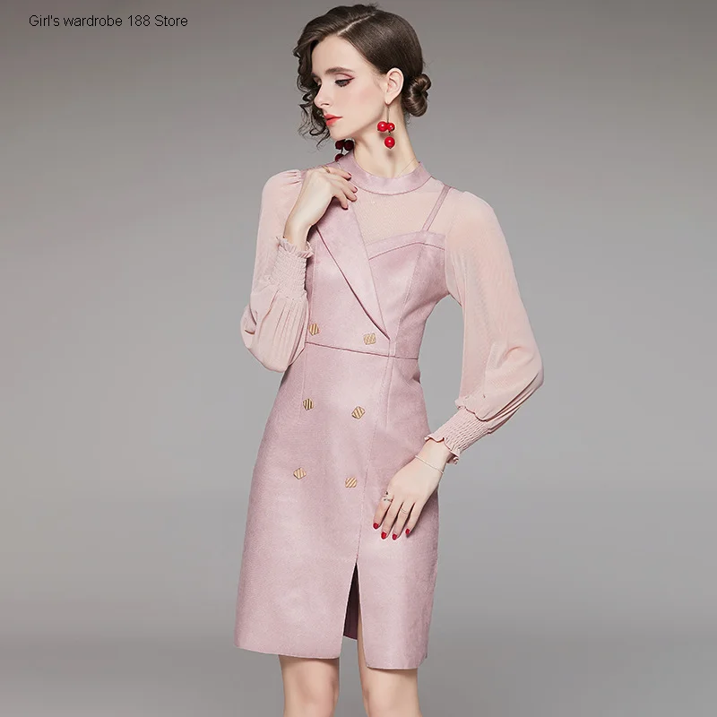 

Dress female suede stitching fake two pieces of minority design sense sling temperament new dress in autumn 2020