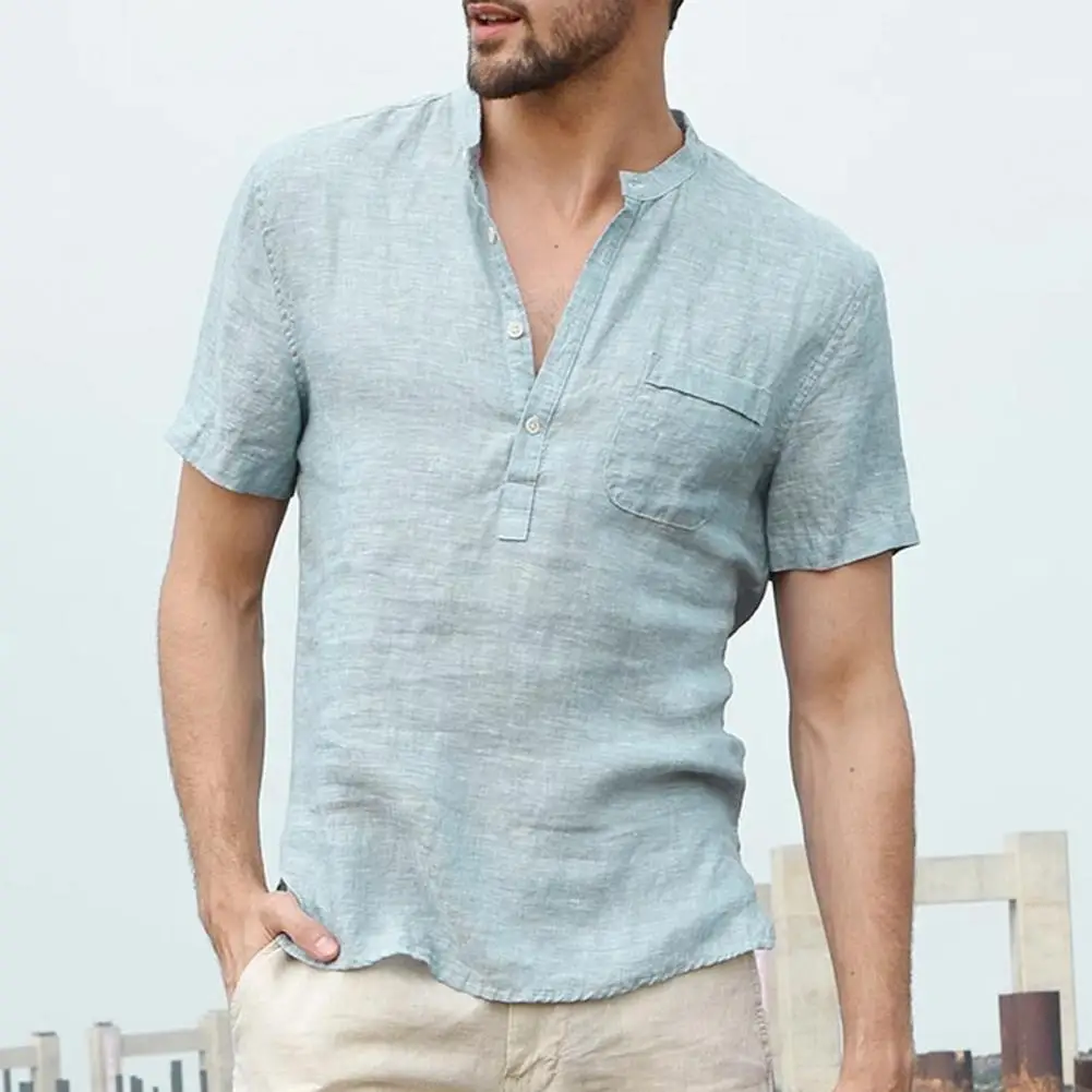 

Футболки для мужчин, цветная, на пуговице, с v-образным вырезом с накладным карманом для девочек, льняная футболка с короткими рукавами летни...