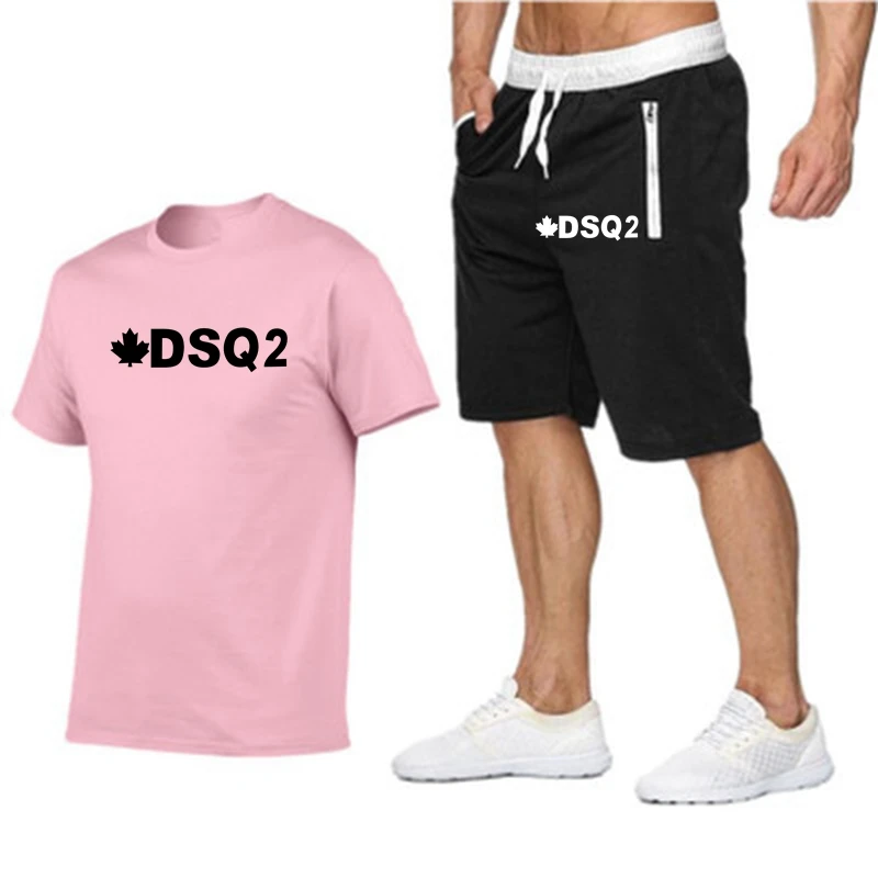 

2021 Summer New Brand DSQ2 Casual Sportswear Men's Suit Round Collar T-shirt + Trousers 2 Piece Cotton Breathable Print Sportswe