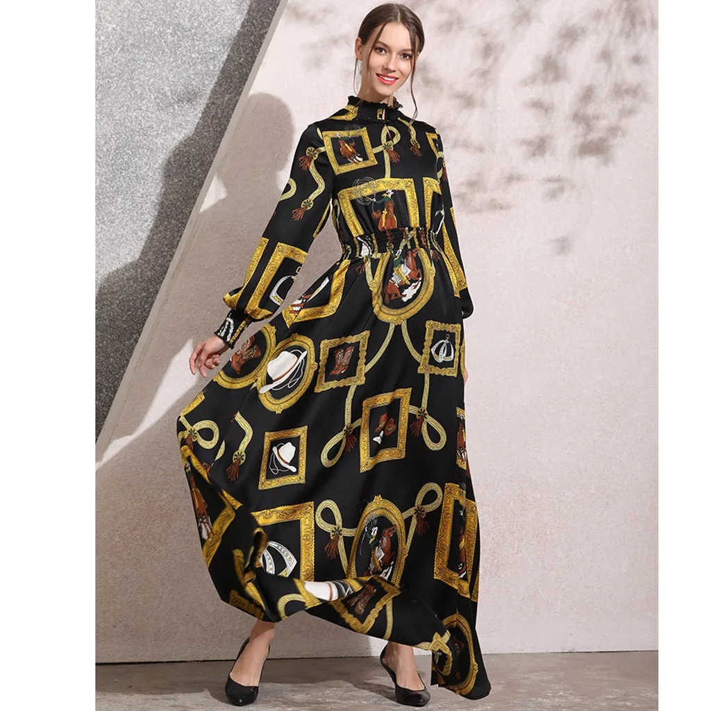 long abaya dress Casual Muslim women Fashion New Simple Retro Print Slim Elastic Waist Silk Dress Long W905 | Тематическая одежда