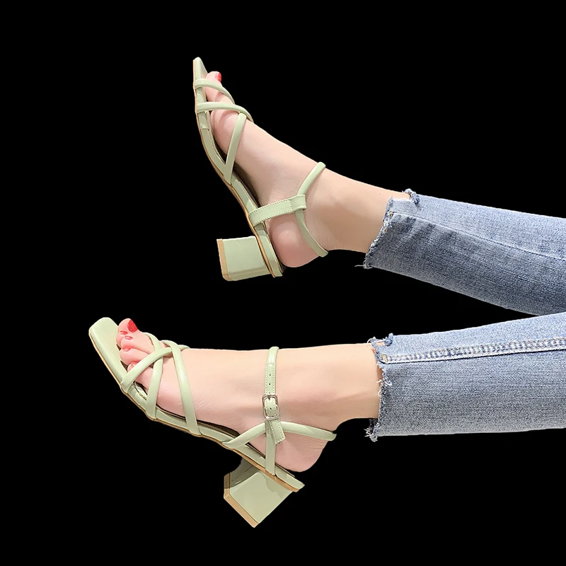 

Female Sandal Comfort Shoes for Women Clear Heels All-Match Med 2021 Summer Girls Beige Block Medium Outside Fashion New PU Basi