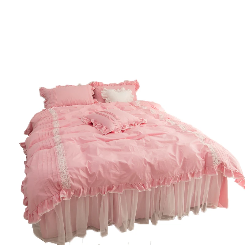 

Pure Cotton Lace Bedding Set Pink Duvet Cover Set Bed Linen Tassels Luxury Princess Bed Skirt Sets Twin Queen King Bedclothes