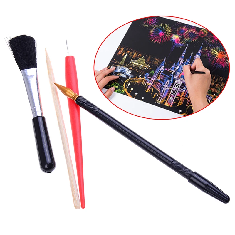 

4Pcs With Stick Scraper Pen DIY Gift Painting Drawing Scratch Arts Set Black Brush For Scratch Sketch Art Papers Boards Tools