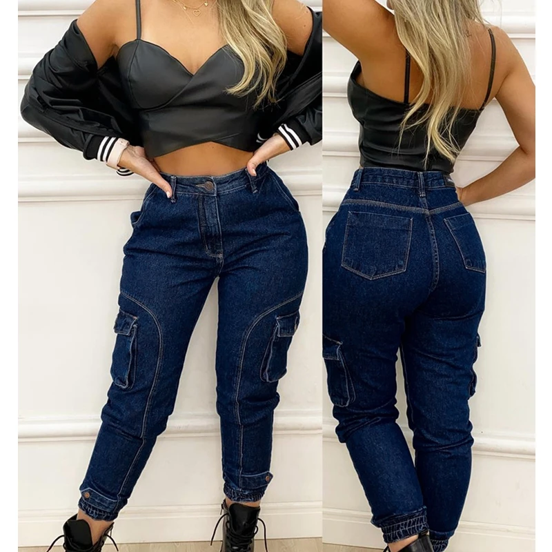 

Mandylandy High Waist Jeans Trousers Streetwear Mid Waist Denim Pants Dark Blue Jeans Women Skinny Leisure Cargo Trousers