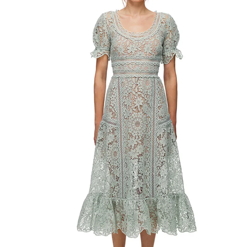 

Женское кружевное ажурное платье, однотонное зеленое винтажное платье с рукавами-клеш и круглым вырезом, лето 2021