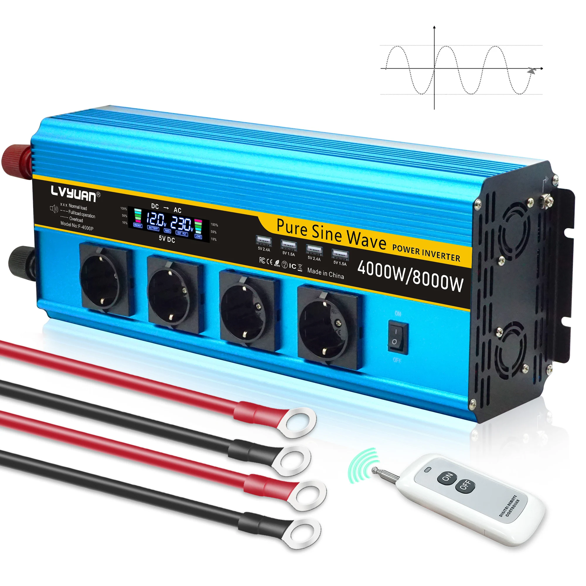 

DC12V/24V TO AC 220V 50Hz 60Hz 4000W/8000W Peak Dual LCD EU Plug Pure Sine Wave With 3.1A USB Power Inverter