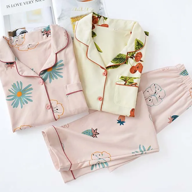 Осенне осенний женский пижамный комплект с цветочным принтом Удобная Хлопковая