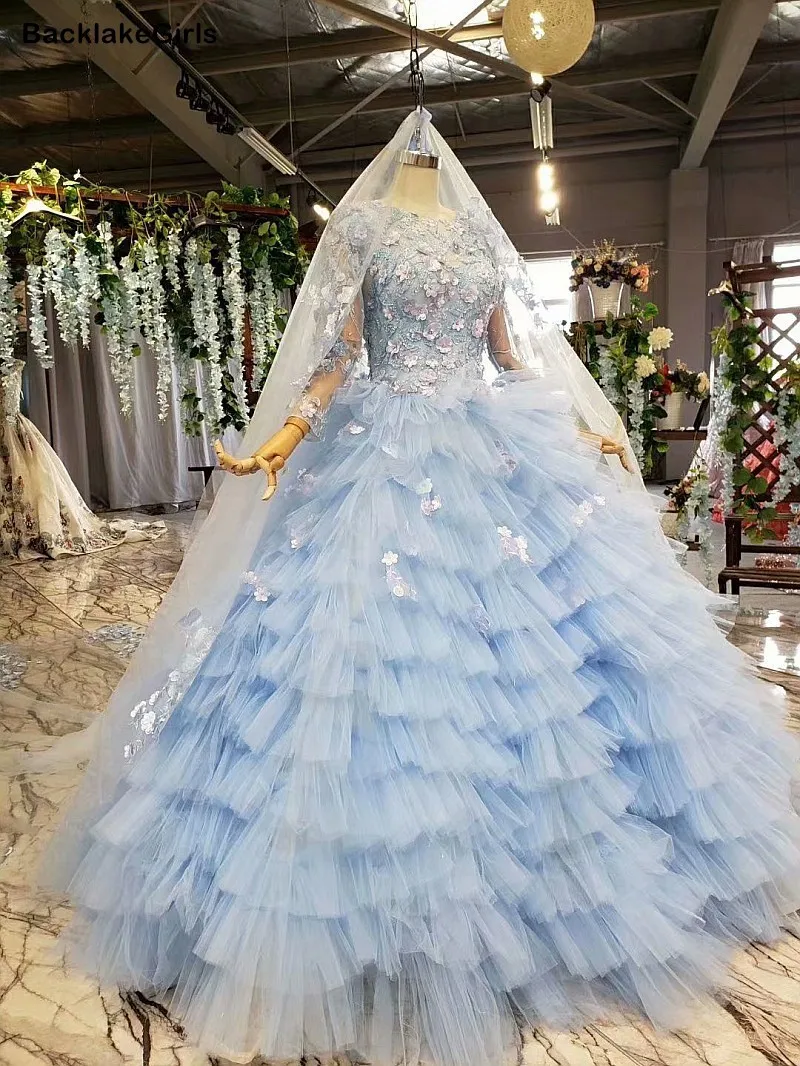 Голубое винтажное бальное платье Тюлевое свадебное 2020 принцессы высокого