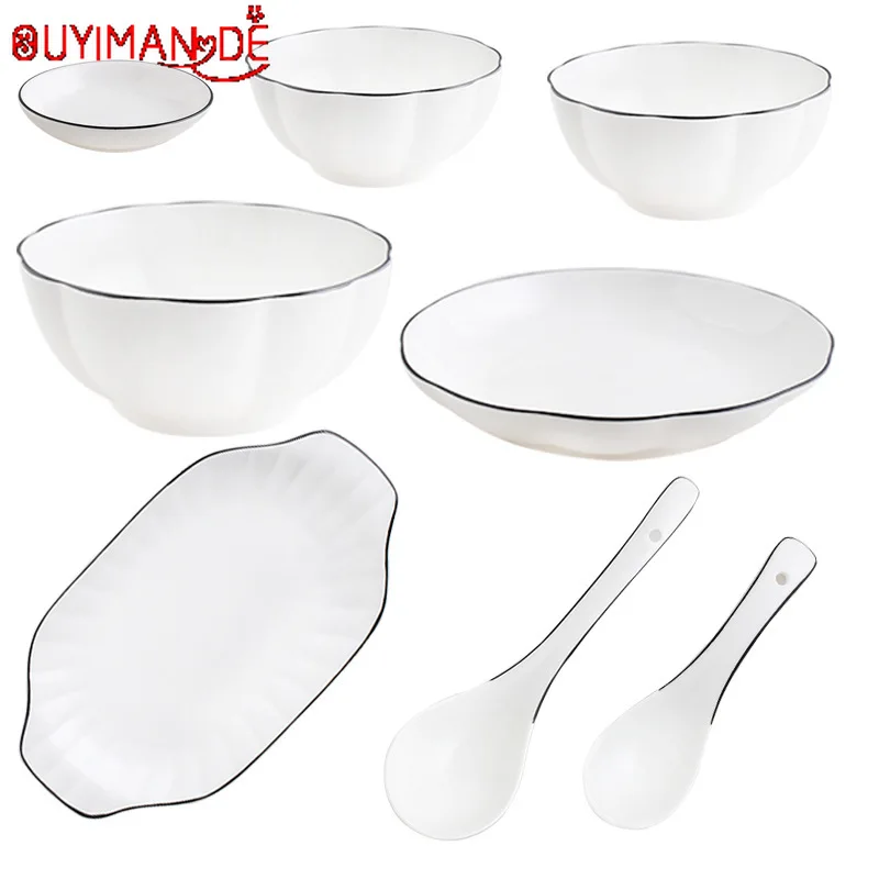 

Nordic Black Line Ceramic Tableware Minimalist Hand Drawn Household Cutting Plate Rice Bowl Hotel Bowl Saucer