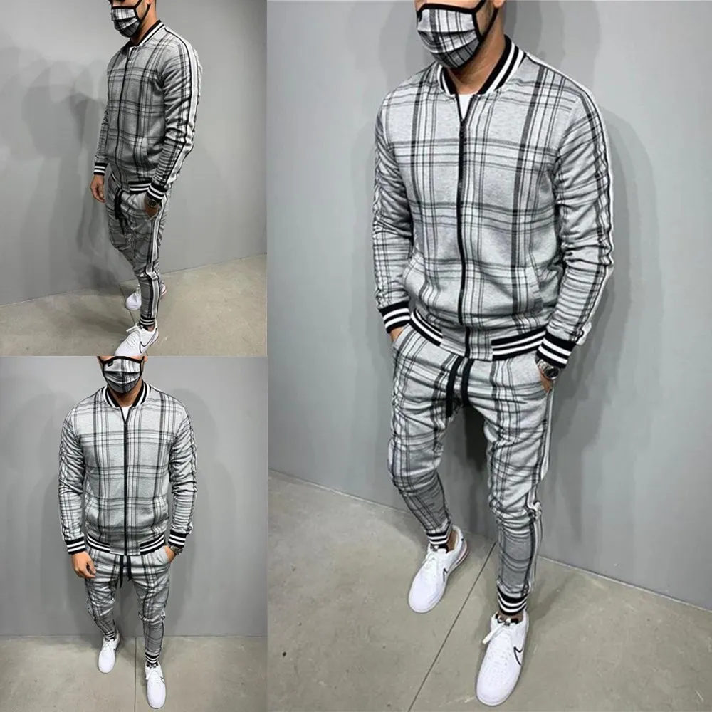 

New Men Plaid Printed Loose Zipper jacket pant Suit Fashion Long Sleeve Tracksuit Full Set Coat Pants Gyms Casual Men Sportsuits