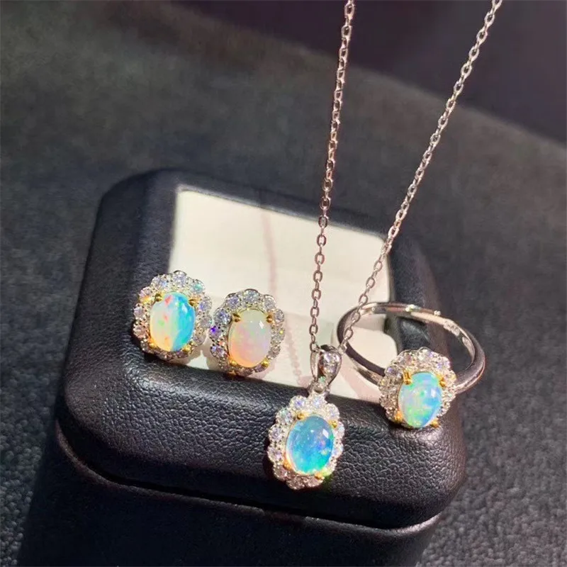 Natural Opal Gemstone Earrings Ring and Necklace 3-pieces Suit for Women Real 925 Sterling Silver Fine Jewelry Set
