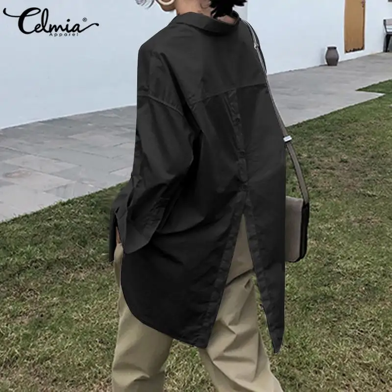 

Повседневные Асимметричные рубашки Celmia с разрезом на подоле 2021, женские модные однотонные топы с лацканами и длинным рукавом, женские блузы...