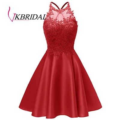 

VKbridal A-line Satin Short Prom Graduation Party Gowns with Pockets Mini Length Cross Back Crystal Lace Homecoming Dresses 2019