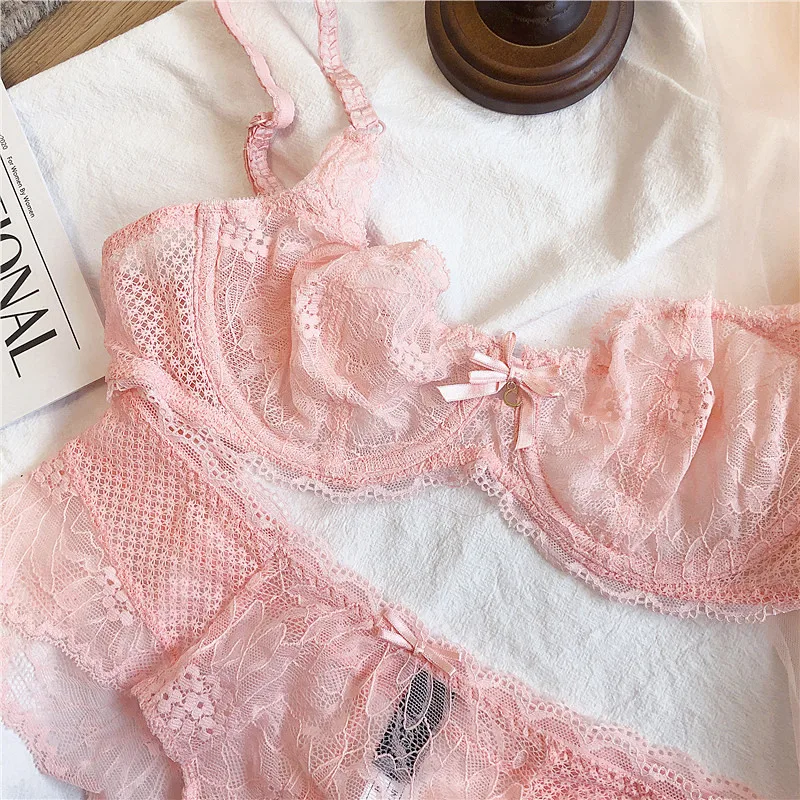 

Wriufred Transparent ultra-thin lingerie lace gathered big breasts show small bra set sexy underwear BCD large size bralette