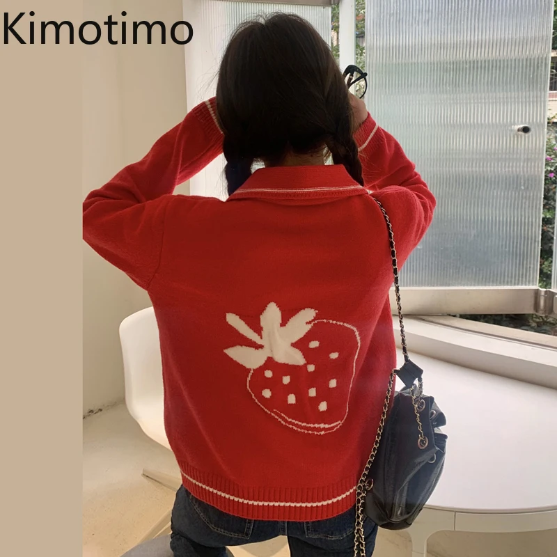

Kimotimo женский свитер пальто 2021 осень зима клубничный жаккард милый кардиган на молнии корейский шикарный трикотажный топ с длинным рукавом ...