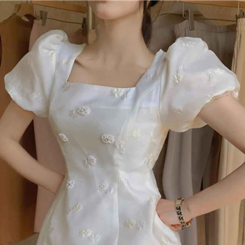 

Summer Elegant Sweet Dress Vintage French Casual Embroidered Flared High Waist Puff Sleeve Mini Dresses Slim Temperament Vestido